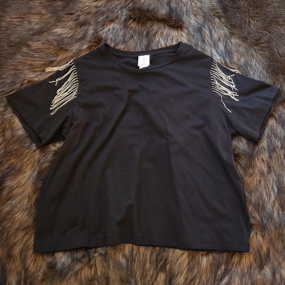 Black T-Shirt with Rhinestone Shoulder Fringe